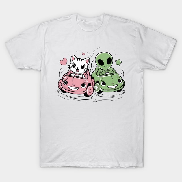 Funny cat and funny alien in crazy cars T-Shirt by Tee.gram